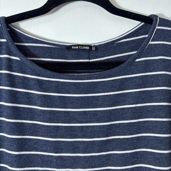 Pink Clover XL back button detail dark blue & white stripe hi lo tee - Picture 2 of 9